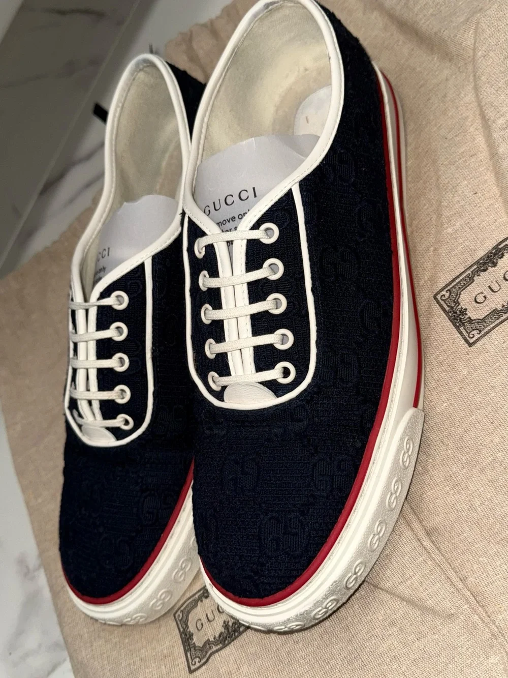 Gucci Black GG Canvas Low-Top Sneakers with White Trim and Red Stripe